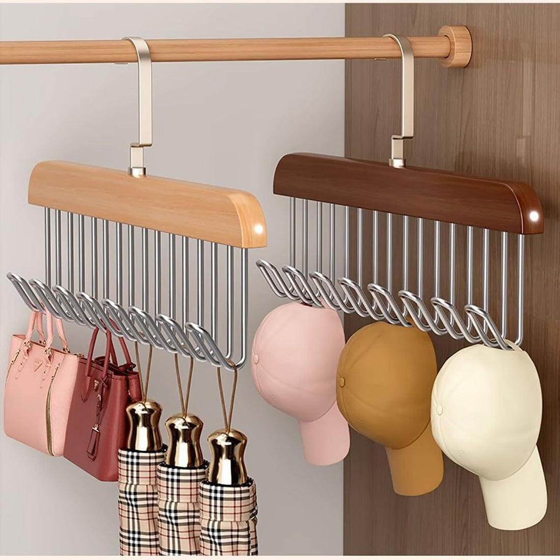 BELLOX 2 pcs Wooden Hangers for Wooden Belt Hanger for Tie 8 Hooks Adjustable Closet Hangers Lingerie Belt Scarf Tie Storage Racks Foldable Hooks Wood Hanger Wardrobe Organizers for Men Women (2)