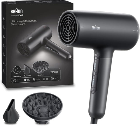 Braun Hair Dryer HD4.2, High Quality Lightweight Hair Dryer with Diffuser for Curly Hair and Hair Dryer Attachment, Super IONTEC Technology, 2100W HTDC Motor with 3 Heating Modes and 3 Speed Modes,