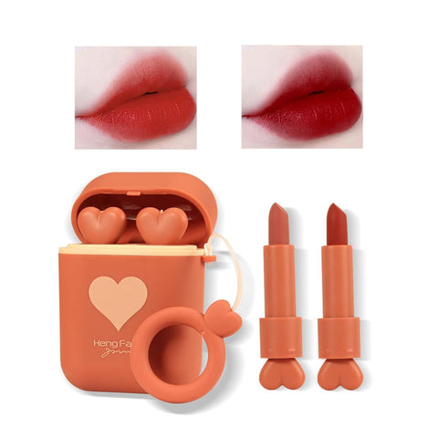 fashion mania Matte Lipstick, 2Pcs/Set Waterproof Long Lasting Moisturizing Lip Stain Earphone Dual-color Lip Tint Gloss, Non-stick Cup Lip Make Up Gift Kit for Girls (orange, one size)