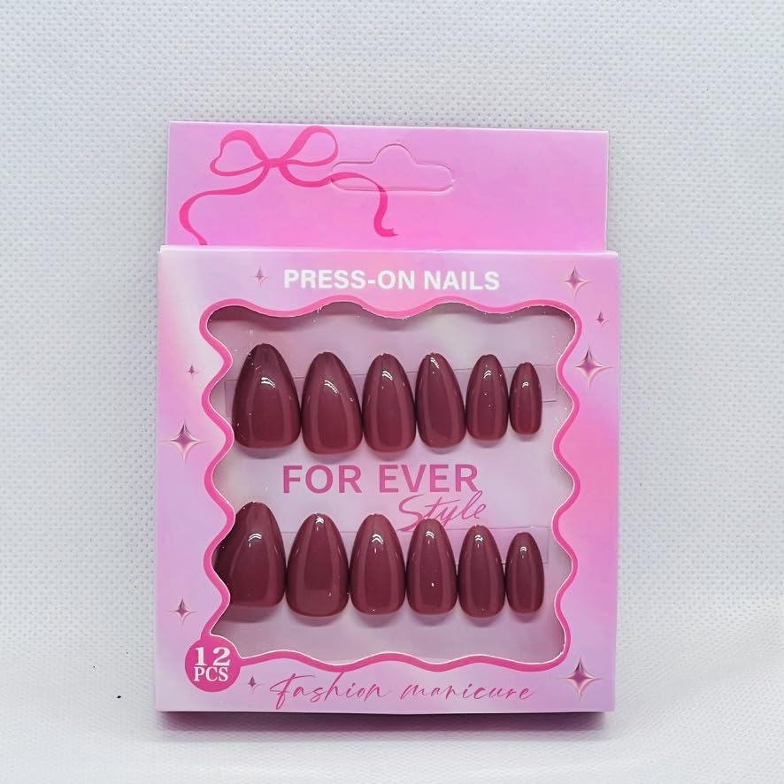 Gel Finish Press On Nails for Women – Premium Glossy Fake Nails Reusable Salon Style Manicure – 12 Trendy Colors (Dark Pink)