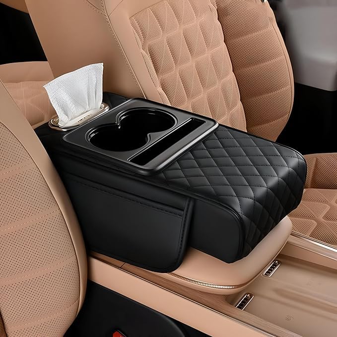 Armrest Pad (Black) Thick Comfort Pad with Cup Holder and Tissue Holder for Car Console Center Armrest Organizer Bag Multicolor Double Cup Holders