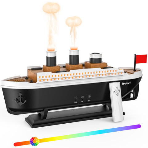 Jeebel Essential Oil Diffuser - Flame Effect Diffuser Ship Shape with Coloured LEDs, Remote Control, Power Adapter - 300 ml Mini Humidifier for Bedroom and Office Aromatherapy