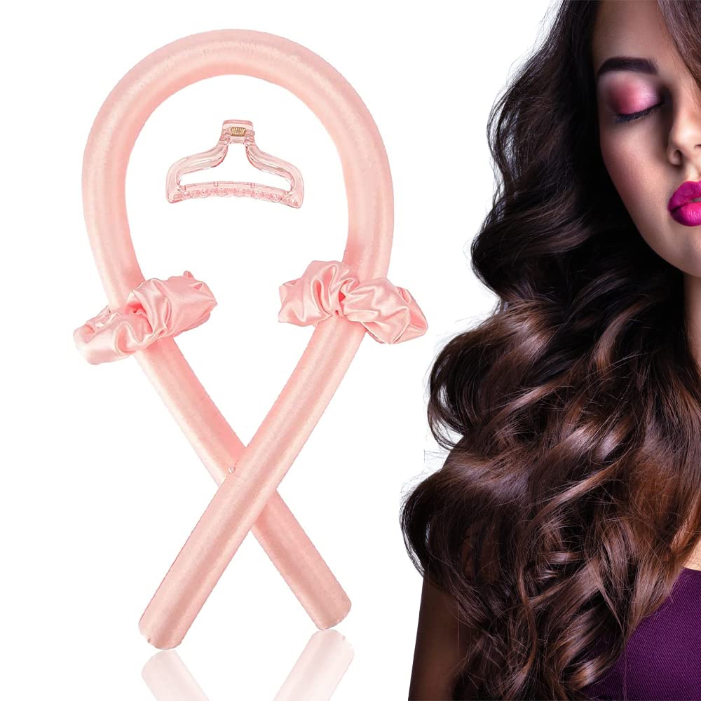 Heatless Hair Curler, Heatless Curling Rod Headband for Long Hair, No Heat Curls for Sensitive Hair, Curl with Clips and Scrunchies. Heatless Hair Curlers Can be Used Overnight While Asleep (Pink)