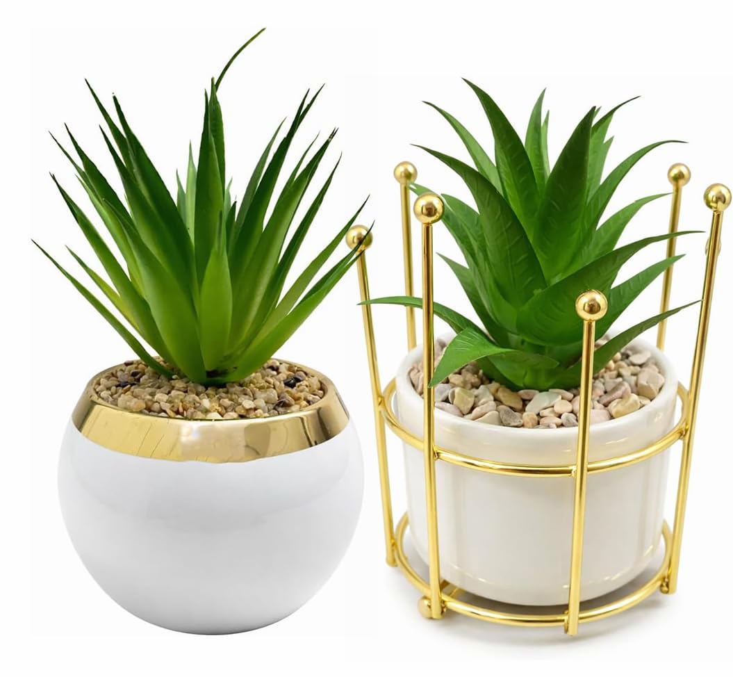 Mini Artificial Planter Set in Elegant Gold Potted Indoor Plants for Home Office Bedroom Real Looking Artificial Tree for Kitchen Decor Shelf Modern Metal Pots Decorative