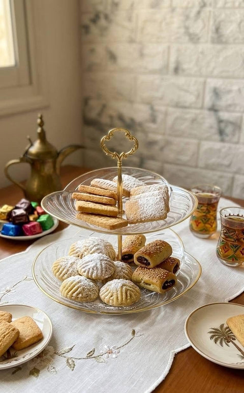 Rotating Serving Plate 2 Tiers, Kahk and Biscuit Acrylic Transparent with Gold Frame, Elegant Design, Serving Desserts and Pastries