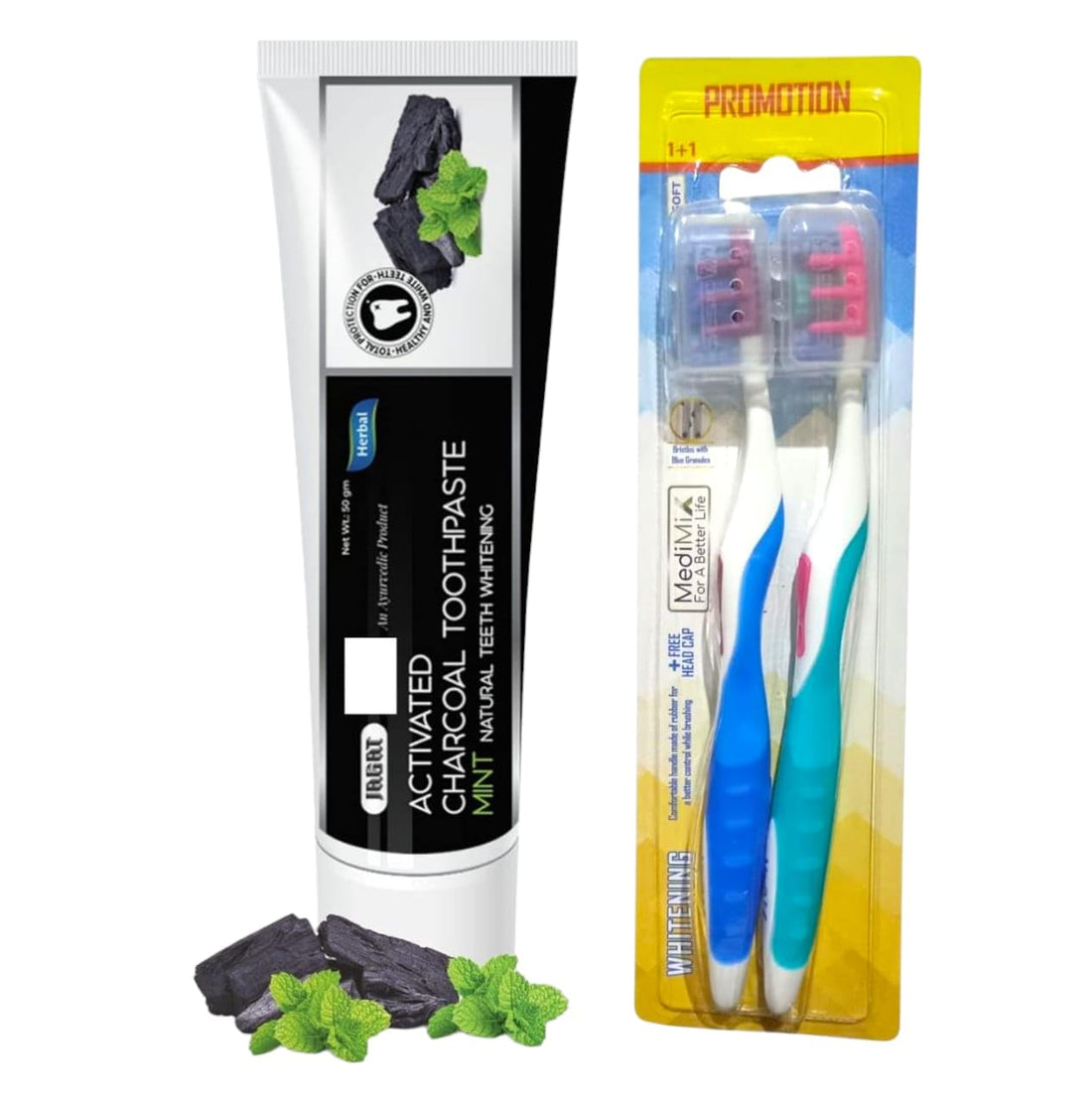 The Perfect Offer for Teeth Whitening – Natural Charcoal Herbal Paste + 2 Mada Mix Deep Clean Brushes, "Confident Smile… Starts From Natural Care"