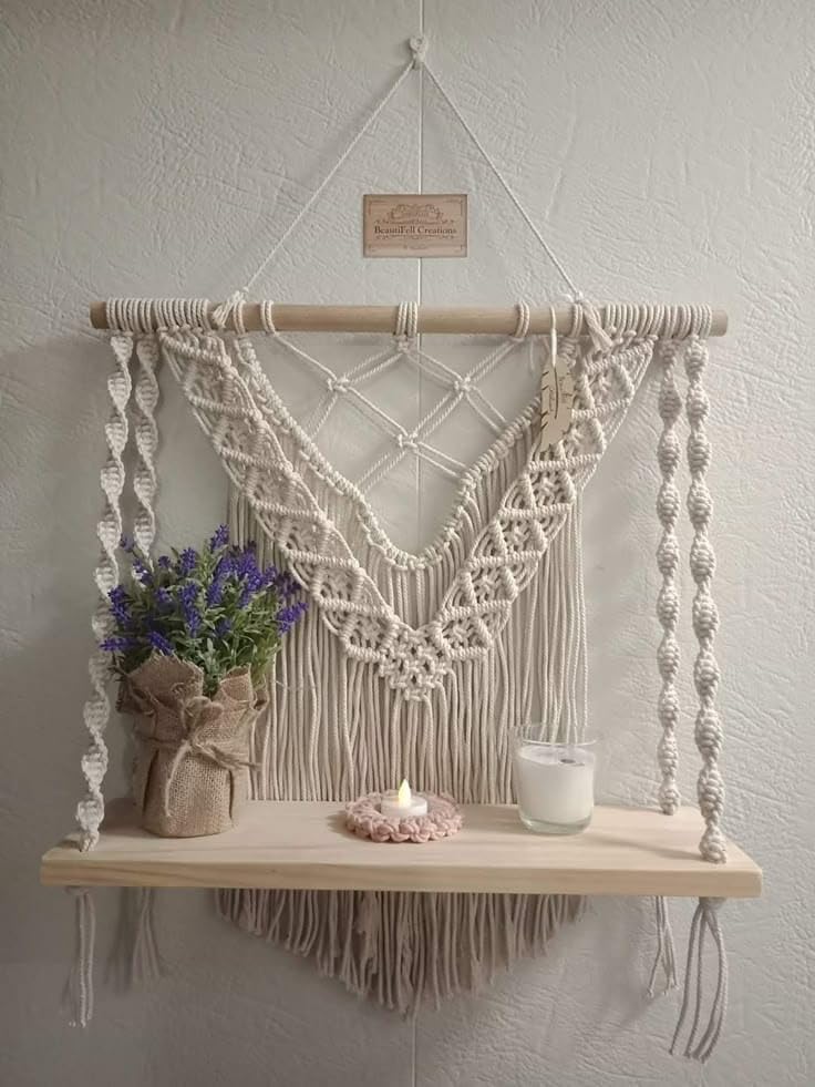 MacrameStore- Macrame Wall Hanging with Wooden Shelf, 60 cm - مكرمية معلقة برف خشبي