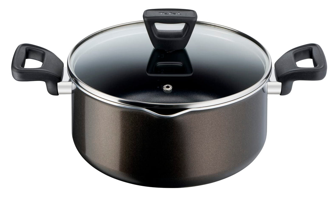 Tefal XL Intense Stew Pot with Glass Lid, Non-Stick Titanium Coating 2X, Size 22, Thermo Signal technology, Dark Brown - 403841003
