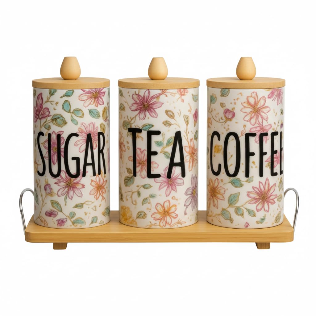 Home Care TT-1532 3-Piece Ceramic Tea/Sugar/Coffee Set Practical Kitchen Storage, Pack of 1 - White Ceramic
