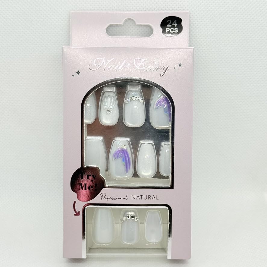 24 PCS Premium Handmade Press On Nails Set – Long & Glossy False Nails with Gold, Silver, Purple & Pink Details – Reusable, Salon Quality (White & Purple Mermaid)