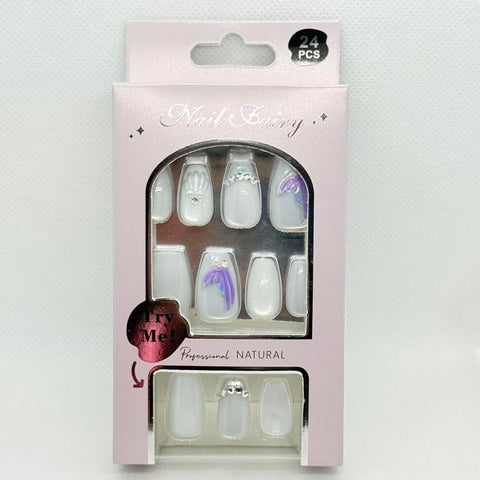 24 PCS Premium Handmade Press On Nails Set – Long & Glossy False Nails with Gold, Silver, Purple & Pink Details – Reusable, Salon Quality (White & Purple Mermaid)