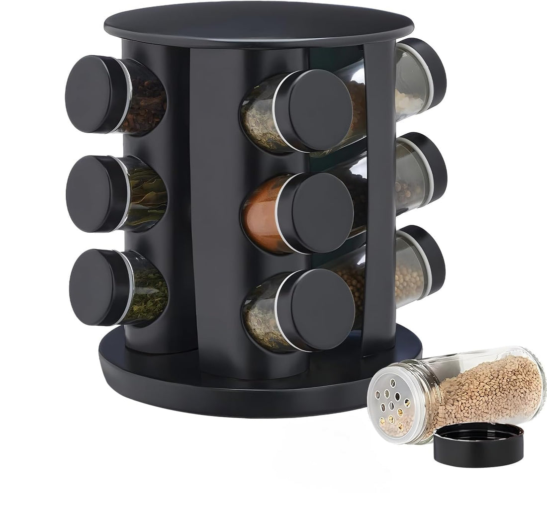 Spice Rack with 12 Jars,Revolving Spice Rack Organizer,Stainless Steel Cabinet Standing Seasoning Tower,360°Rotating Spice Carousel for Seasoning Dried Herbs