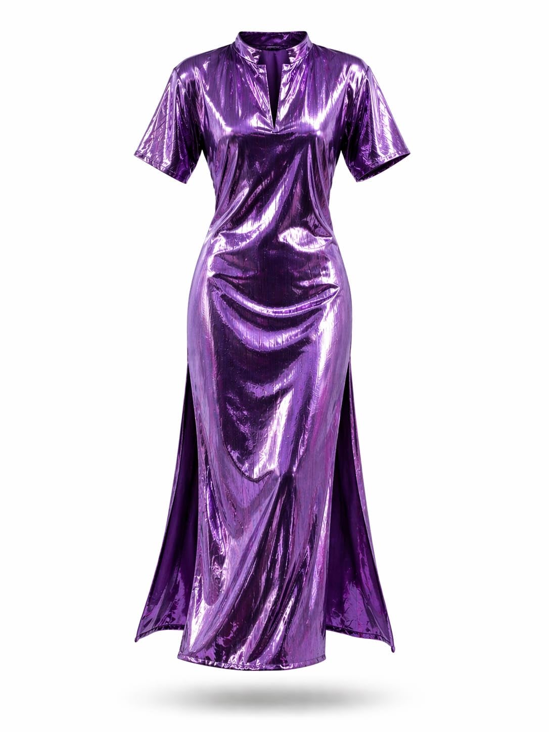 Women's Metallic Maxi Dress Belly Dance Jalabiya Short Sleeve Mock Neck V-Cutout Side Slit Party Wear