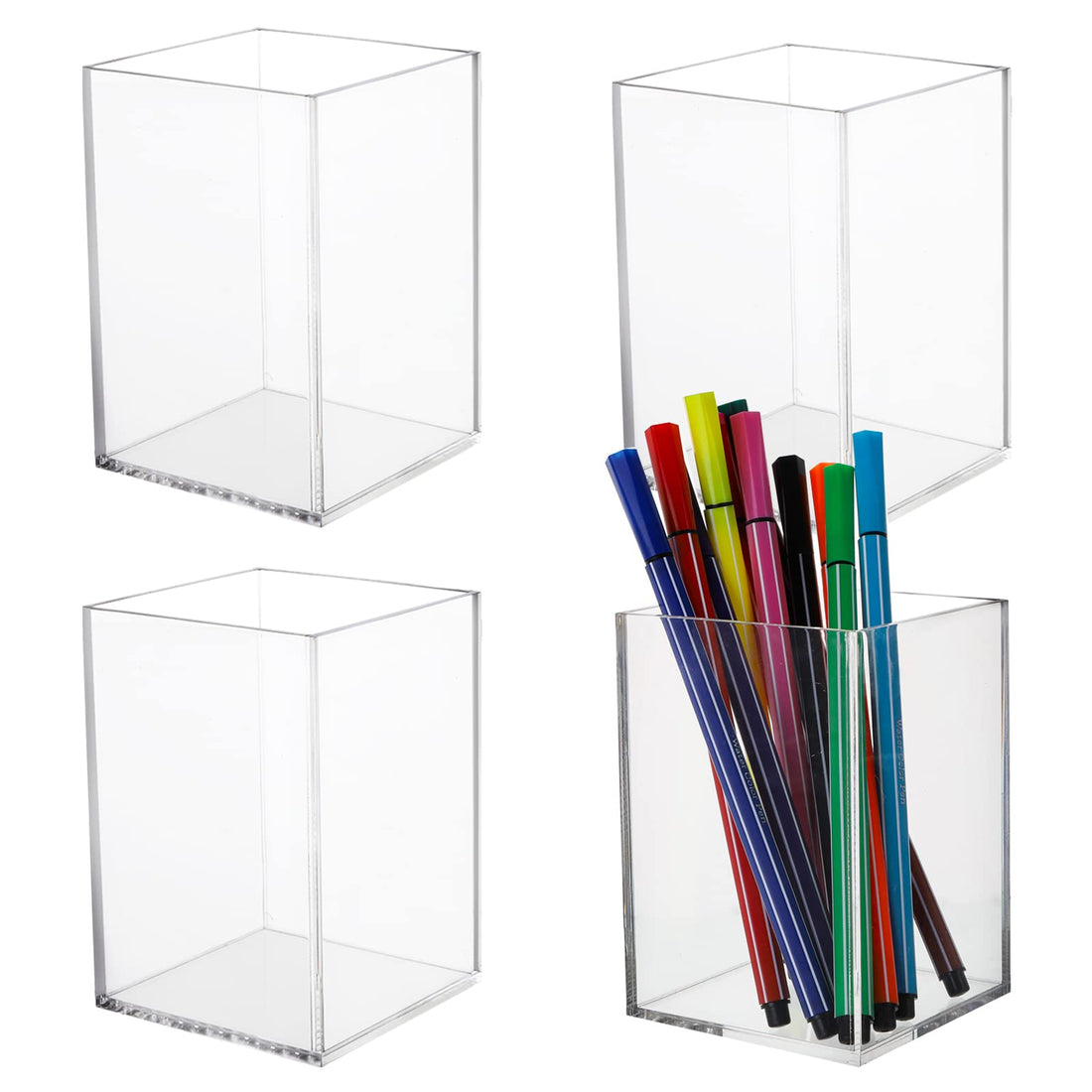 Best Media 4-Pack Large and Thick Clear Acrylic Pen Holders, Modern Makeup Brush Holder Cups, Heavy-Duty Desktop Pencil and Stationery Organizer Set for School, Home, and Office Desk Accessories