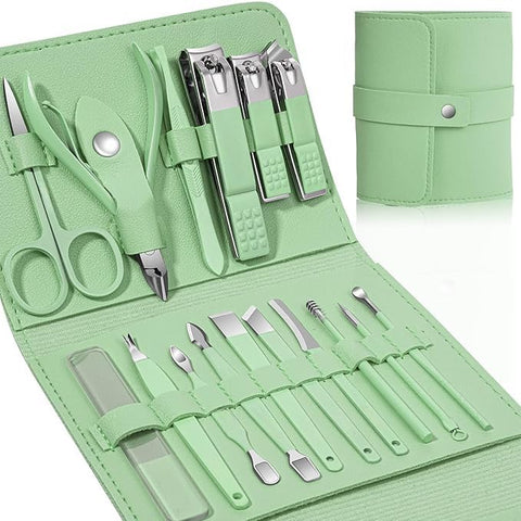 Manicure Set 16 Pcs Professional Manicure Set Stainless Steel Manicure Kit with Luxury Leather Case Travel Thick Nails Gifts for Women (Mint Green)