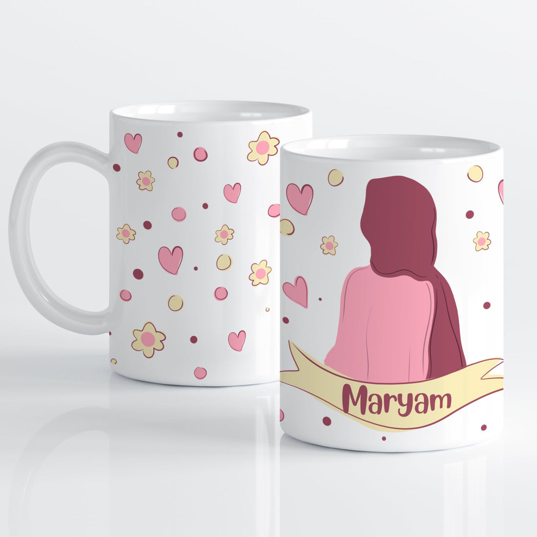 Custom Ceramic Mug 11oz – Feminine Pink Illustration with Hearts & Flowers – Personalized Name Cup – Yellow & Pink Design – Gift for Women & Girls (Aisha)