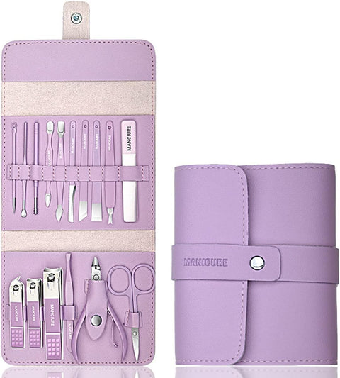Manicure Set Professional Nail Clippers Pedicure Kit, 16 pcs Stainless Steel Nail Care Tools Grooming Kit with Luxurious Travel Leather Case for Thick Nails Men Women Gift (Purple)