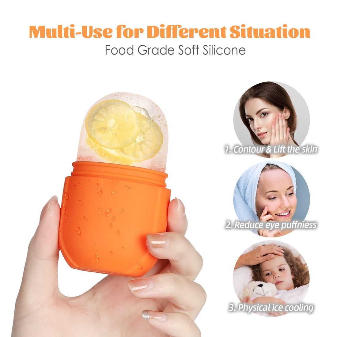 Ice Roller for Face & Eye, Facial Ice Roller Silicone Ice Mold, Cold Face Massager to Shrink Pores and Soothe Puffiness, Reusable Skin Care Tool (Orange)