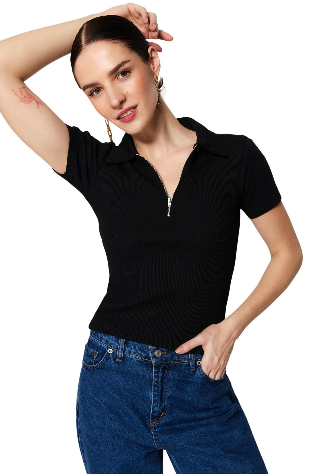 Trendyol Women Black Zipper Detail Fitted/Simple Polo Collar Ribbed Stretch Knitted Blouse TWOSS23BZ00496 Shirt (pack of 1)