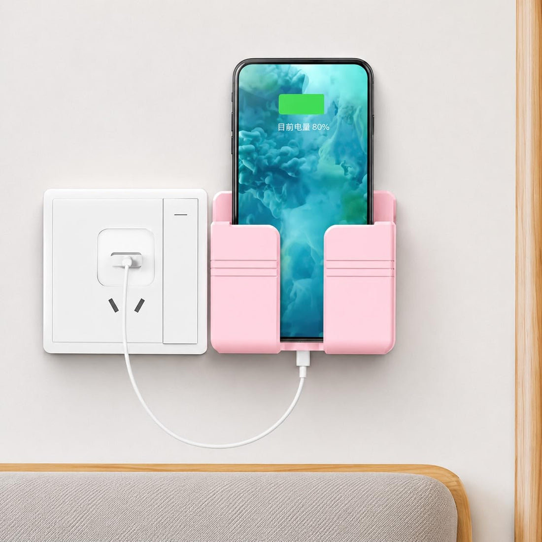 Wall Phone Holder Wall Mount Phone Charging Side Plug Organizer Remote Control Mobile Phone Wall Mount Without Drilling Pink