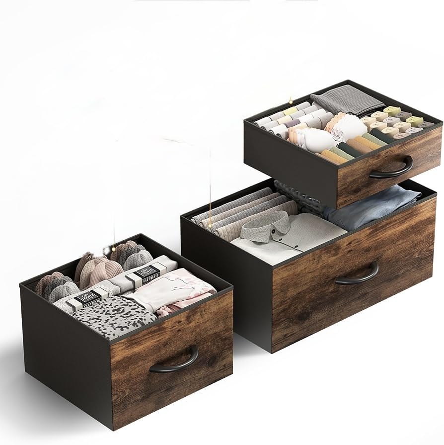 Downtown 45x30x20cm Foldable Storage Drawer Box with Rustic Wood Design, Black and Brown Clothes Organiser, Aesthetic Large Capacity Fabric Storage Bin for Seasonal Item Management