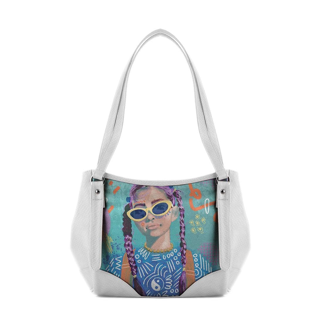 Artistic Fashion Tote Bag with Pop Art Design, White Leather Trim, Decorative Print