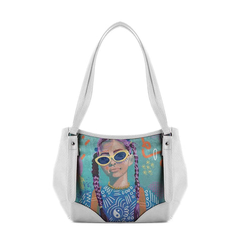 Artistic Fashion Tote Bag with Pop Art Design, White Leather Trim, Decorative Print