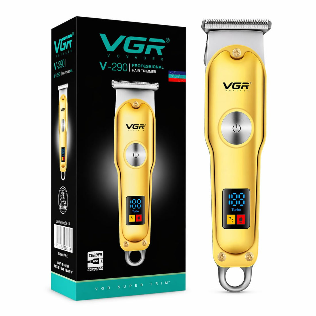 VGR V-290 Digital Display Professional Cordless Hair Clippers Cutter Rechargeable Wireless Hair Grooming Set Beard Trimming Beard Styling Rechargeable Li-ion Battery 600mAh 120 mins Runtime - Golden