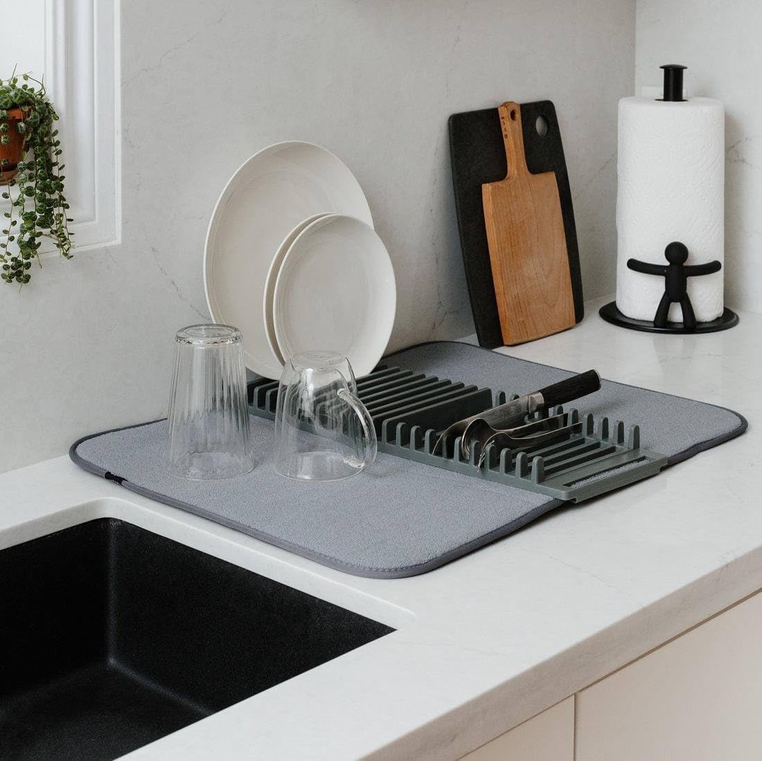 Rack and Microfiber Dish Drying Mat, Removable Dish Rack Tray, Dish Rack & Drying Mat for Kitchen Countertop, Sink - Drain and Dry Wine Glasses, Bowls and Dishes