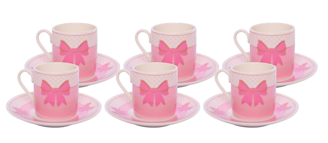 Bowknot Porcelain Coffee Cup Set with Saucer of 12 Pieces - Pink
