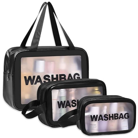 3PCS Toiletry Bag Set-Clear Wash Bag Transparent Toiletry Bags for Women Hanging Toiletries Bags Waterproof Plastic Makeup Bags with Zipper (black)