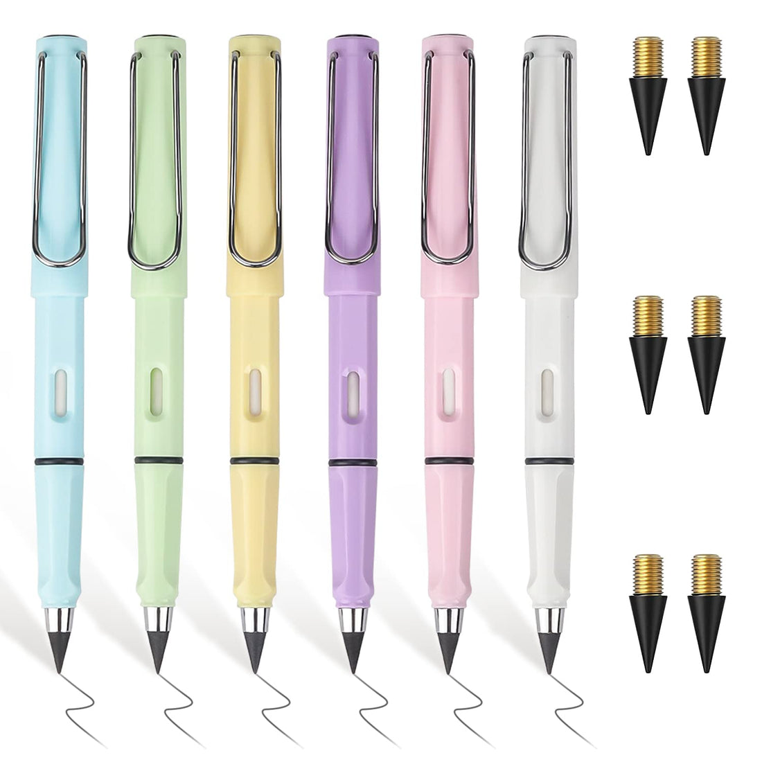 Infinity Pencil, 6pcs Inkless Graphite Pencil with Fine Point, Ergonomic Grip, 14cm, Reusable, Includes Eraser & Refills, All Ages, Macaron Colors, Writing Instrument