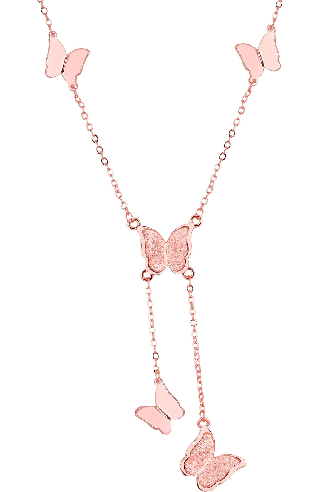 Daily Wear Pendant - Delicate rose gold butterfly pendant on a long stainless steel chain, designed for women who value grace and timeless beauty.