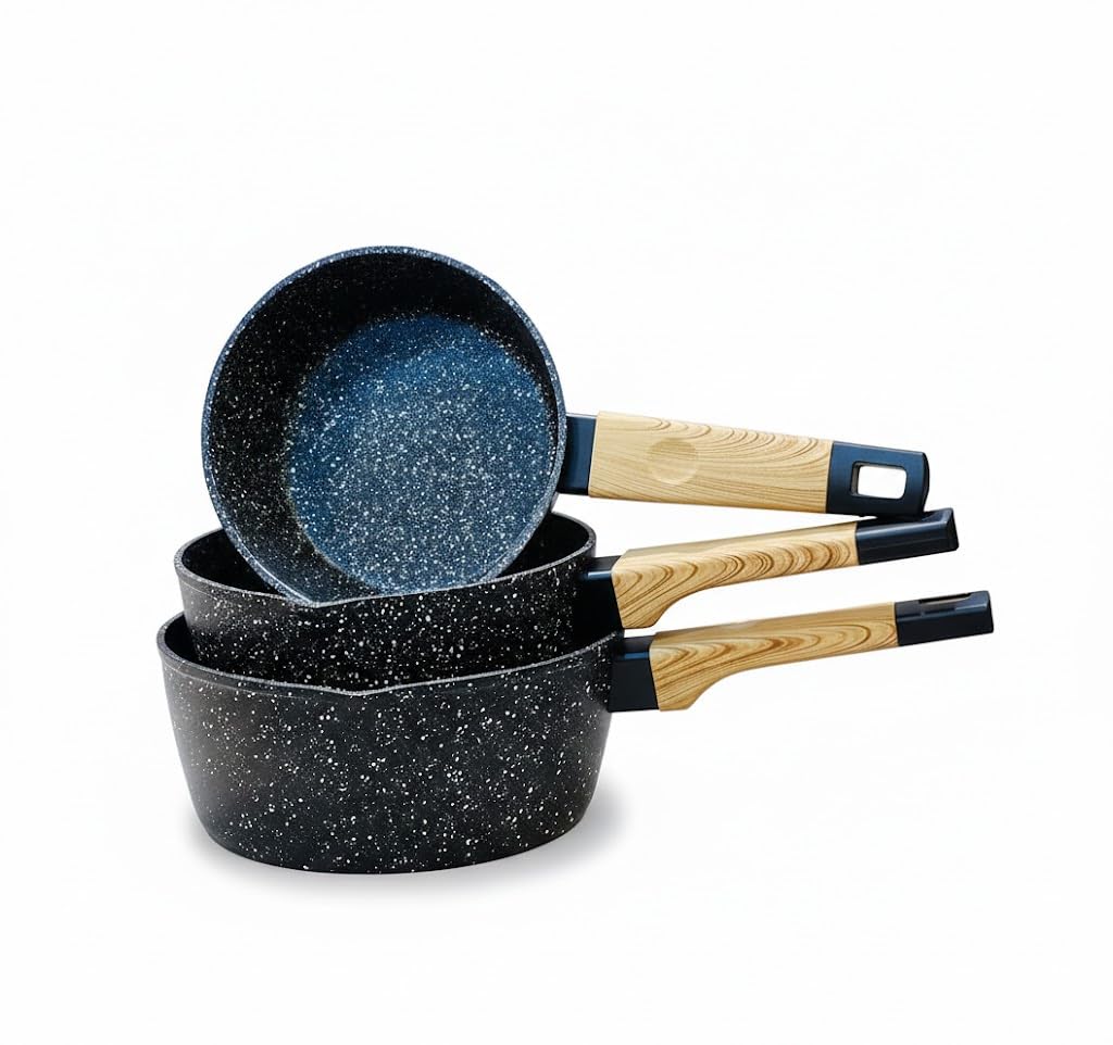 3-Piece Granite Casserole Set (16, 18, 20 cm) – Durable Non-Stick Cooking & Serving Pots, Heat-Resistant & Easy to Clean, Black Speckled Design