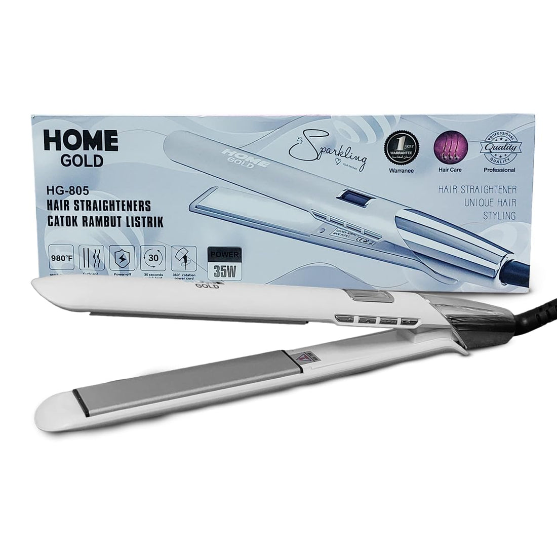 HOME GOLD Hair Straightener, Salon-Quality Styling with 980°F Heat, Perfect for Curly and Straight Hair, Rapid 30-Second Heat-Up, and 360° Rotating Cord, 35W, HG-805 (White)