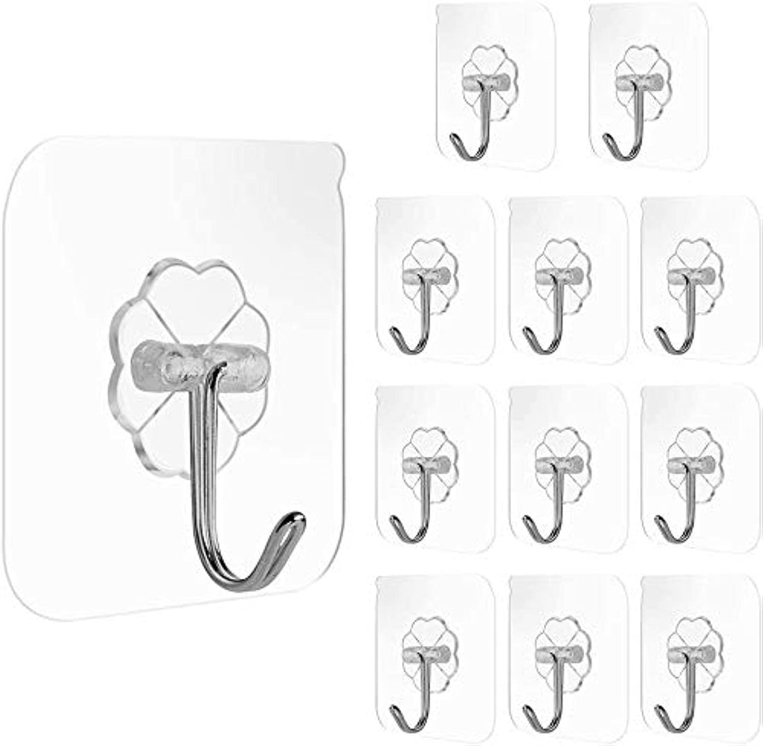 Adhesive Hooks Heavy Duty 4lb(Max) Transparent Traceless Seamless Wall Hooks Waterproof for Kitchen Bathroom Office (12 Packs)