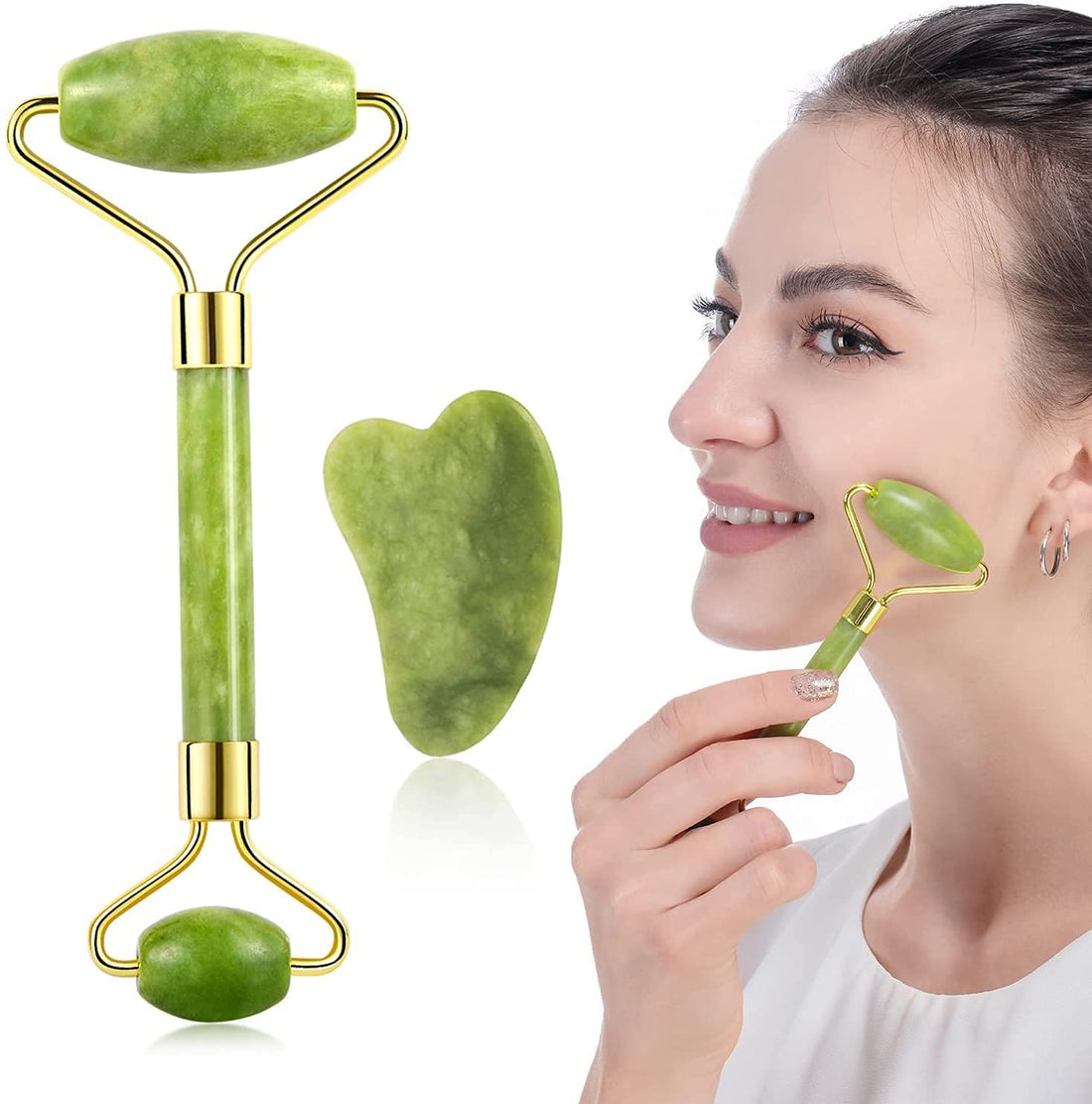 Facial Massager Jade Roller & Gua Sha Tool Natural Himalayan Stone for Face Neck Healing Skin Wrinkles & Serum Application