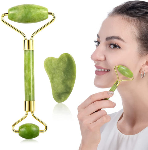 Facial Massager Jade Roller & Gua Sha Tool Natural Himalayan Stone for Face Neck Healing Skin Wrinkles & Serum Application