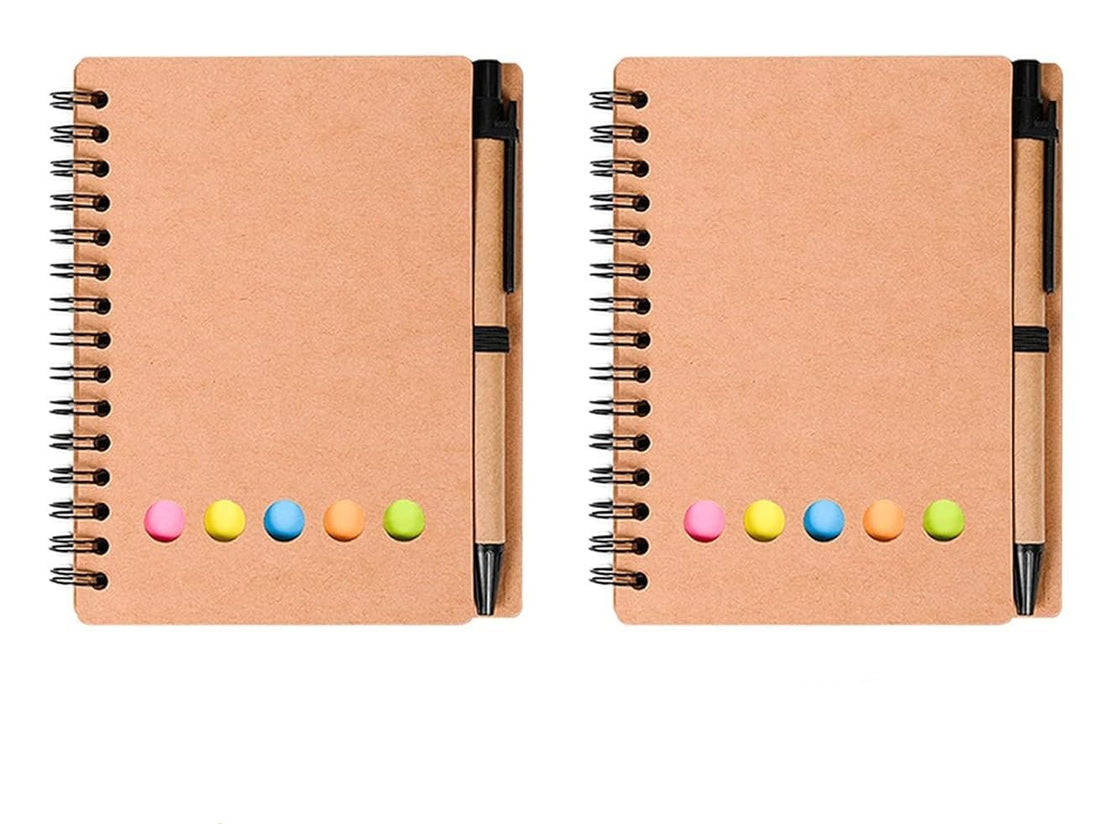 worison 2Pc Pack Spiral Notebook with Pen and Sticky Lined Notes Page Markers, Kraft Paper Cover Notepad 7 x 5 Inch Size