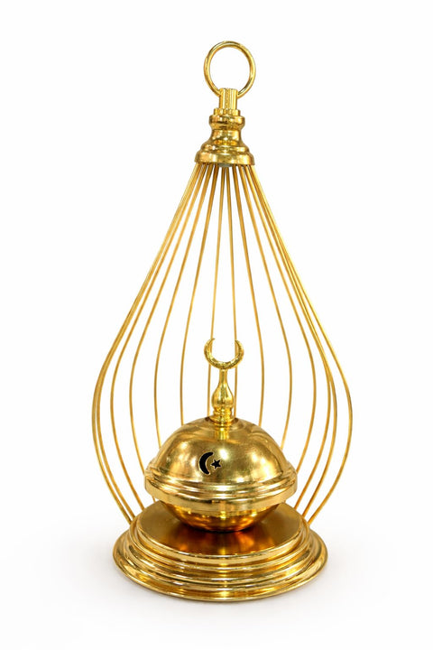 Generic, Decorative Incense Burner, Gold, Metal Wire Cage Design, Teardrop Shape, Islamic Ramadan Theme, with Crescent Moon Detail