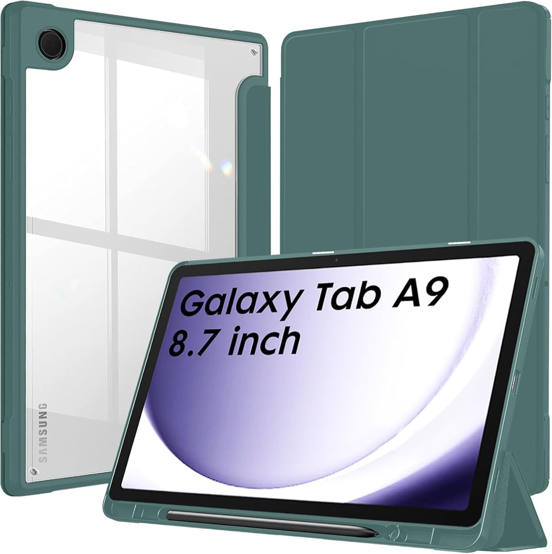 Fekra Samsung Galaxy Tab A9 Cover Case 8.7 inch Tablet Cover [SM-X110/X115/X117] Case with Pen Holder, Soft TPU Back Trifold Stand Protective Smart Cover Flip, Auto Wake & Sleep (Green)