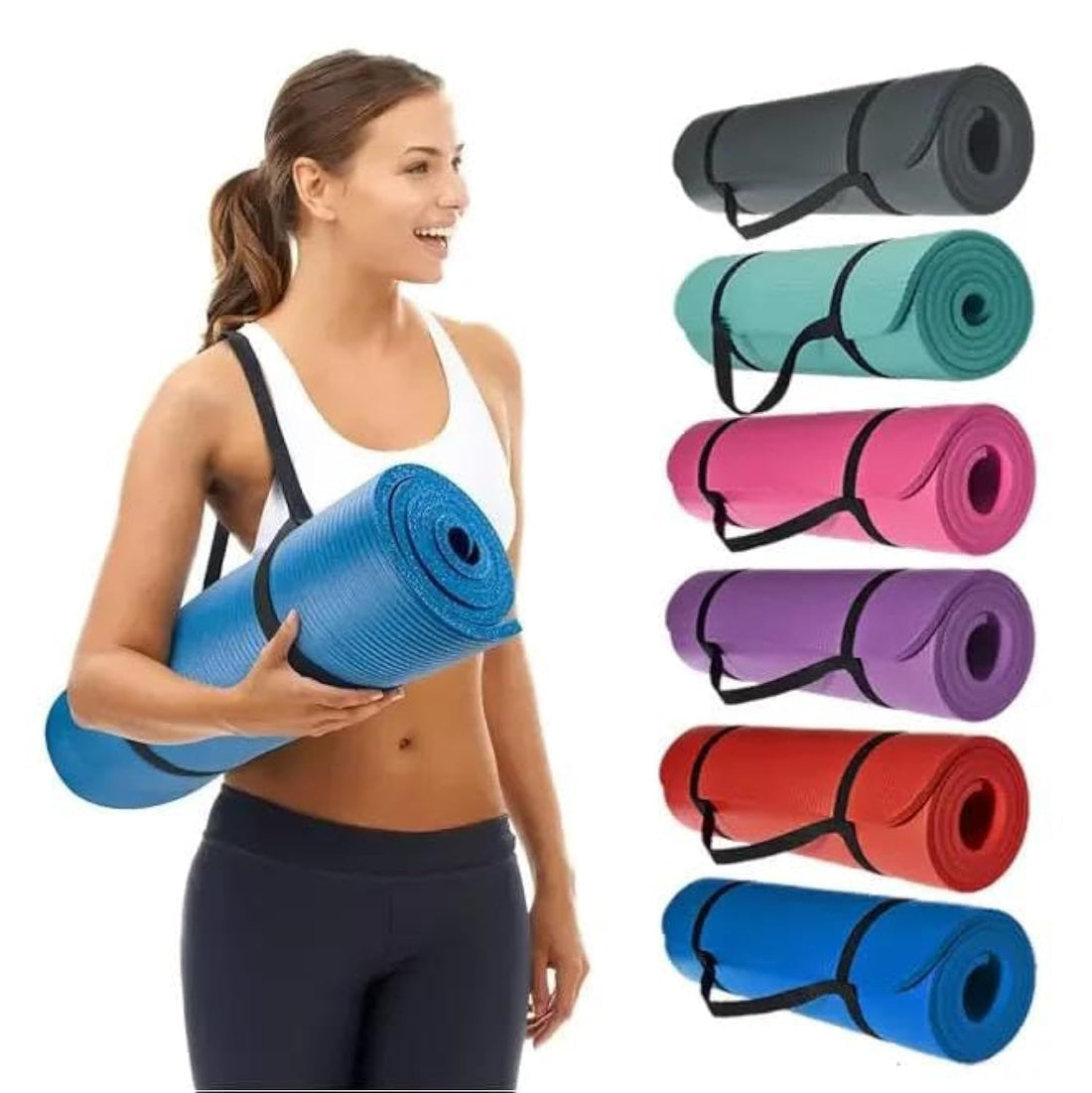QSHOP® Ultimate Premium Yoga Mat with Attached Strap 10mm Thick Non-Slip Yoga Mat Ideal for High-Intensity Interval Workouts, Pilates, Yoga and Many Other Home Workouts (Black)