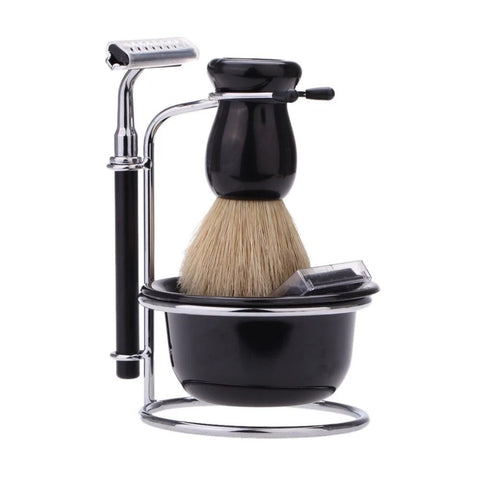 fashion mania 4 In 1 Men Beard Shaving Tool Set with Soap Dish + Shaving Brush + Brush Stand Holder + Shaving Trimmer Razor, Men Shaving Kits for Salon Travel Home Use Gift Set