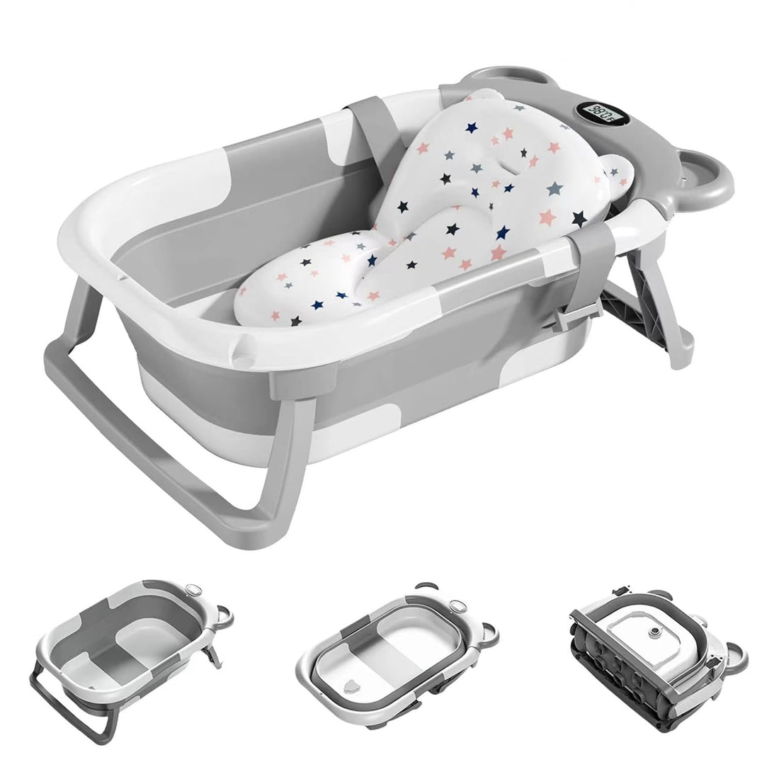 Foldable Baby Bathtub, Collapsible Baby Bath Tub Set for Newborn to Toddler, Portable Travel Bathtub with Drain Hole, Durable Baby Tubs for Infants to Toddler with Non-Slip Mat (grey)