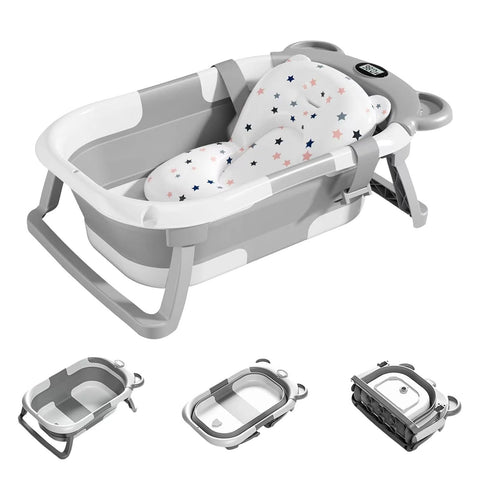 Foldable Baby Bathtub, Collapsible Baby Bath Tub Set for Newborn to Toddler, Portable Travel Bathtub with Drain Hole, Durable Baby Tubs for Infants to Toddler with Non-Slip Mat (grey)