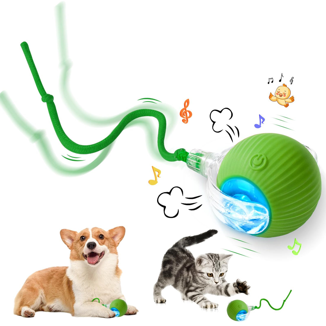 Interactive Cat Toy - Cat Toys for Indoor Cats Smart Silicone Rolling Ball with Tail,Bird Sound,Obstacle Avoidance and Motion Activated,Kitten Puzzle Toys for Bored Indoor Adult Cats & Dogs (Green)