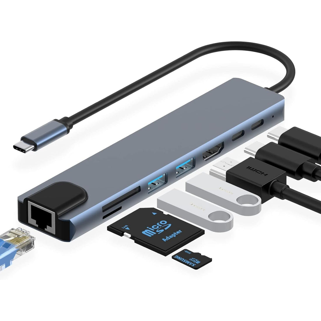 8-in-1 USB Type-C HUB with 4K HDMI, Dual USB 3.0, Dual USB-C (87W PD), RJ45 Ethernet, SD/TF Card Readers – Aluminum Alloy – Universal Compatibility