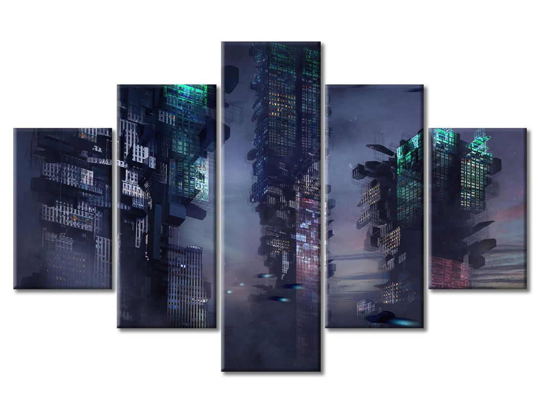 TUMOVO Cyberpunk City with Flying Cars A Neon Lights Canvas Wall Art 5 Panel Cyberpunk Style Artwork Black and White Wall Art Posters and Prints Framed Ready to Hang 60" Wx40 H