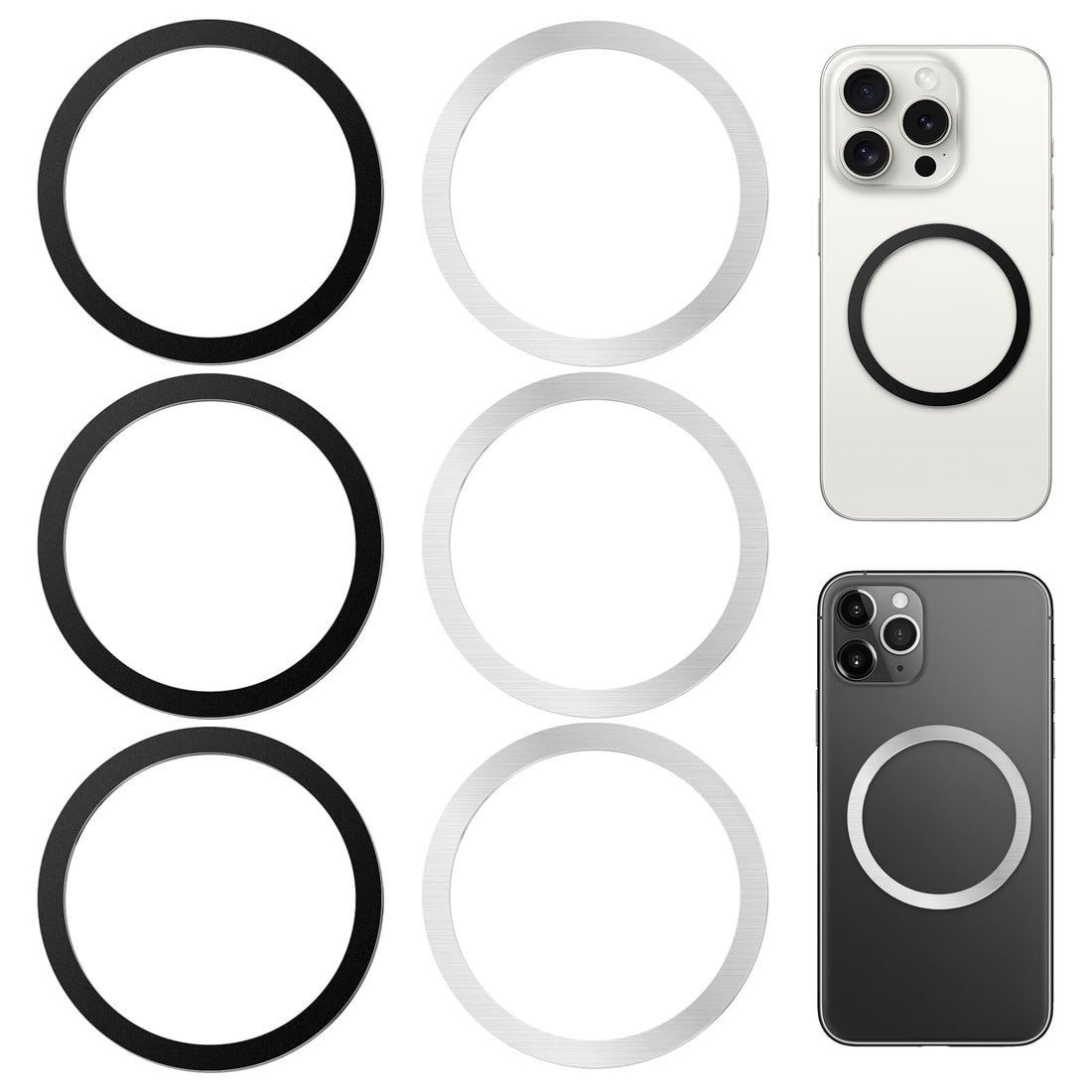 Pack of 6 Metal Rings with Stickers for Magnetic Charger, Metal Plate Mobile Phone Compatible with MagSafe, Car Magnetic Mobile Phone Holder, Black + Silver