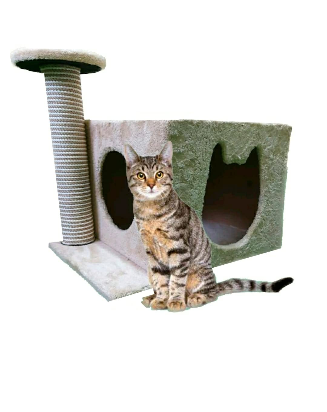 Wooden Cat House for Cats and Pets Covered with Plush - with Scratching Post - Beige